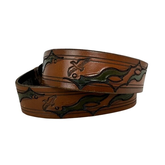 Men's Bird & Sky Tooled Brown Snap Leather Belt  Size M  Buckle not included - Picture 3 of 9
